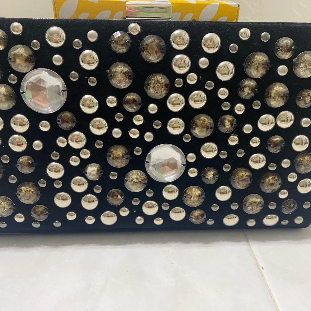 Rhinestone studded velvet back black evening cluch bag. NWT